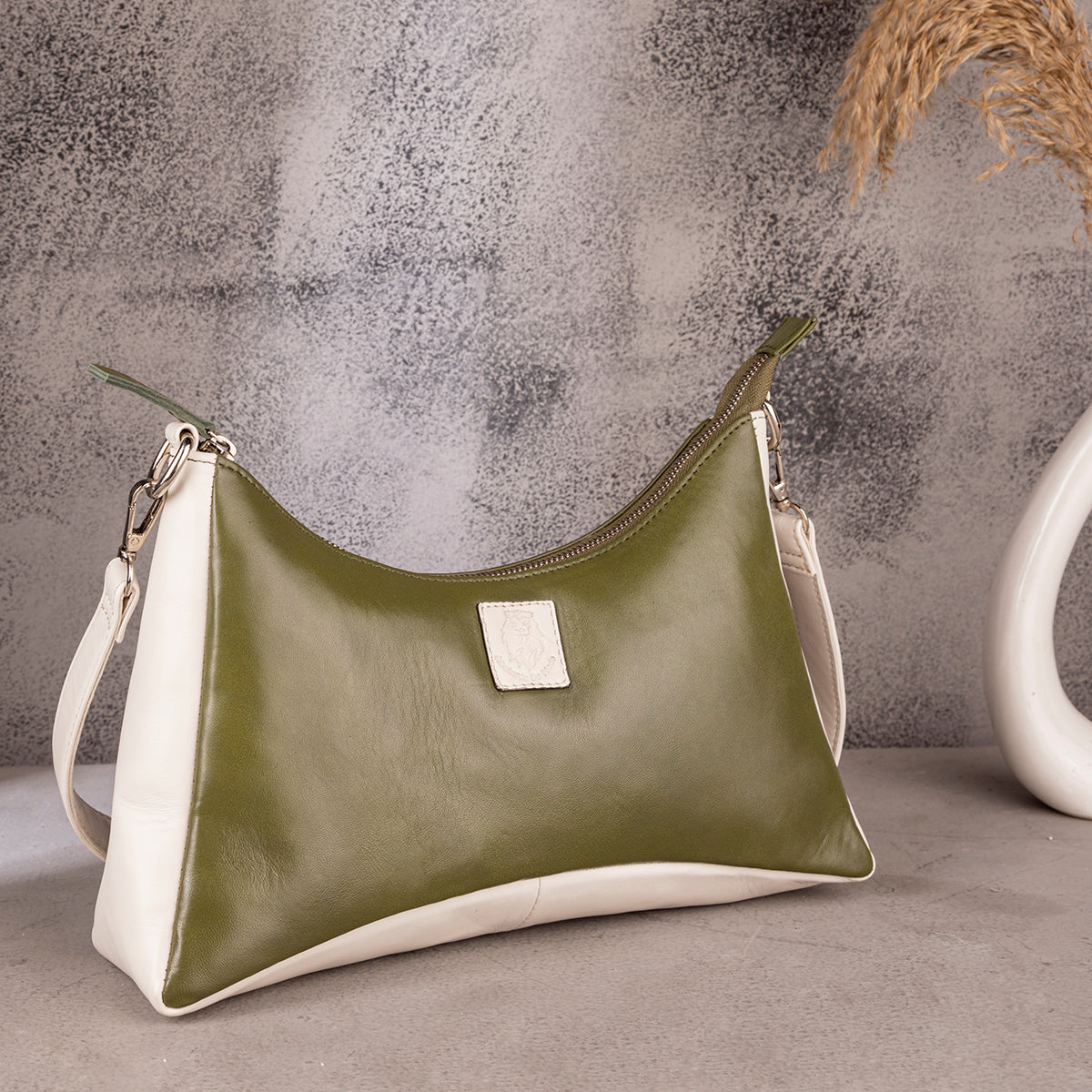 Abelardo Maria Olive/White Hobo Bag