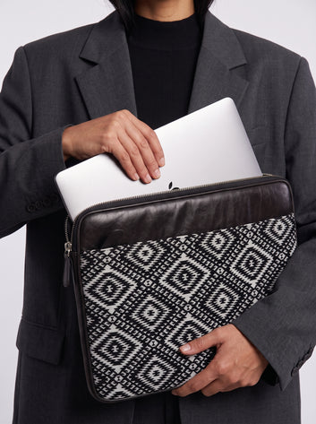 Valentina Premium Jacquard & Genuine Leather Black Laptop Sleeve for MacBook & Laptops (13"to 16")