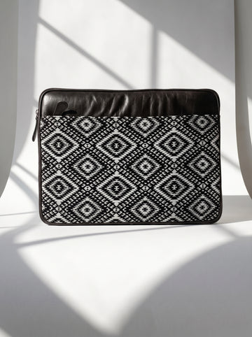 Valentina Premium Jacquard & Genuine Leather Black Laptop Sleeve for MacBook & Laptops (13"to 16")