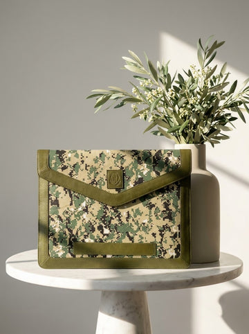 Koda Camo Canvas & Genuine Leather Laptop Sleeve – Olive Green | 14" & 16"