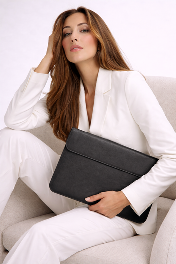 OCEAN Black Leather Laptop Sleeve with Flap & Internal Cushioning – Premium Protection Case for MacBook & Laptops (13" & 16")
