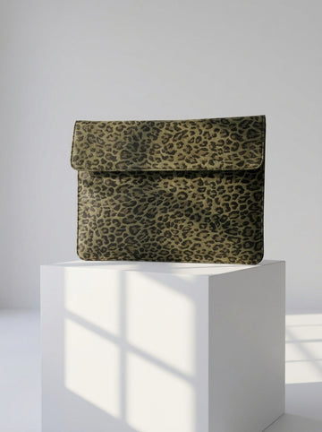 Leone Premium Genuine Leather Laptop Sleeve – Olive Leopard for MacBook Pro, Air & Laptops
