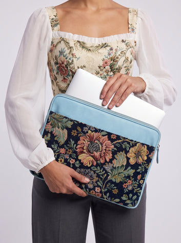 Valentina Premium Jacquard & Genuine Leather Blue Laptop Sleeve for MacBook & Laptops (13"to 16")