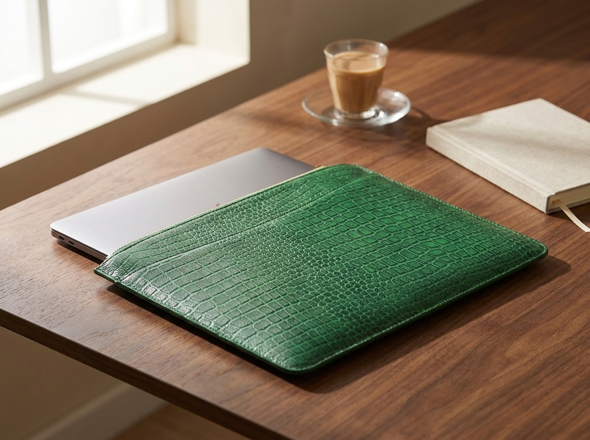 Matteo green croc leather laptop sleeve on a walnut desk in warm morning light