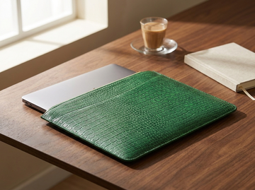 Matteo green croc leather laptop sleeve on a walnut desk in warm morning light