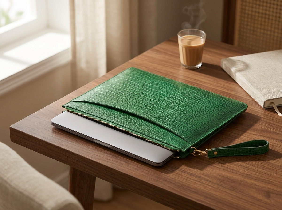 Matteo green croc leather laptop sleeve with laptop tucked inside, editorial desk scene